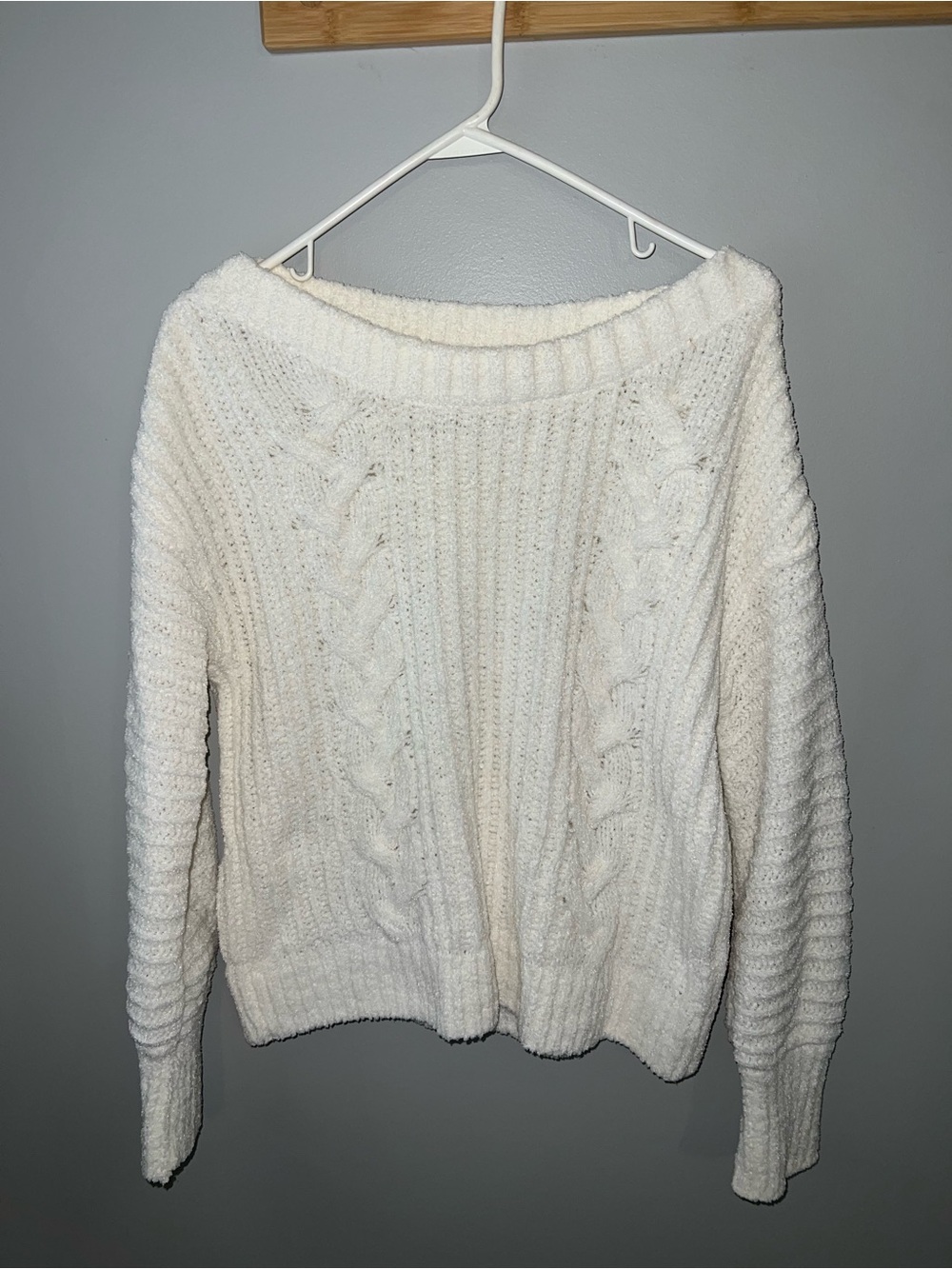 Express Cozy Cream Cable-Knit Sweater featuring a wide, relaxed neckline Size XS
